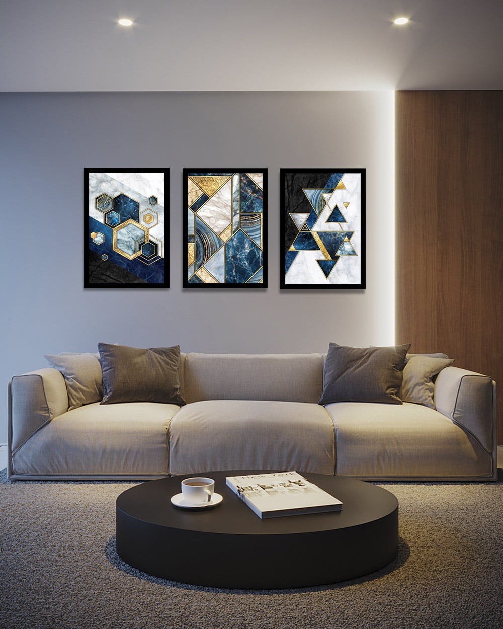 Conjunto 3 Quadros Decorativos Formas Geométricas Azul e Dourada