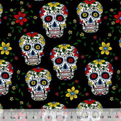 Tricoline Caveiras Mexicanas - Preto c/ Amarelo Tricoline Caveiras Mexicanas - Preto c/ Amarelo