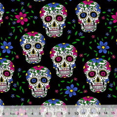 Tricoline Caveiras Mexicanas - Preto c/ Azul Tricoline Caveiras Mexicanas - Preto c/ Azul