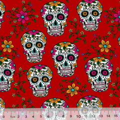 Tecido Tricoline Caveiras Mexicanas - Vermelho Tecido Tricoline Caveiras Mexicanas - Vermelho
