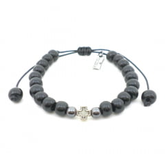 Pulseira de Madeira com Hematita Cruz Pulseira de Madeira com Hematita Cruz