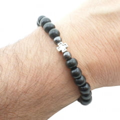 Pulseira de Madeira com Hematita Cruz Pulseira de Madeira com Hematita Cruz