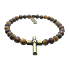 Pulseira Pedras Olho de Tigre e Cruz Pulseira Pedras Olho de Tigre e Cruz