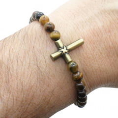 Pulseira Pedras Olho de Tigre e Cruz Pulseira Pedras Olho de Tigre e Cruz