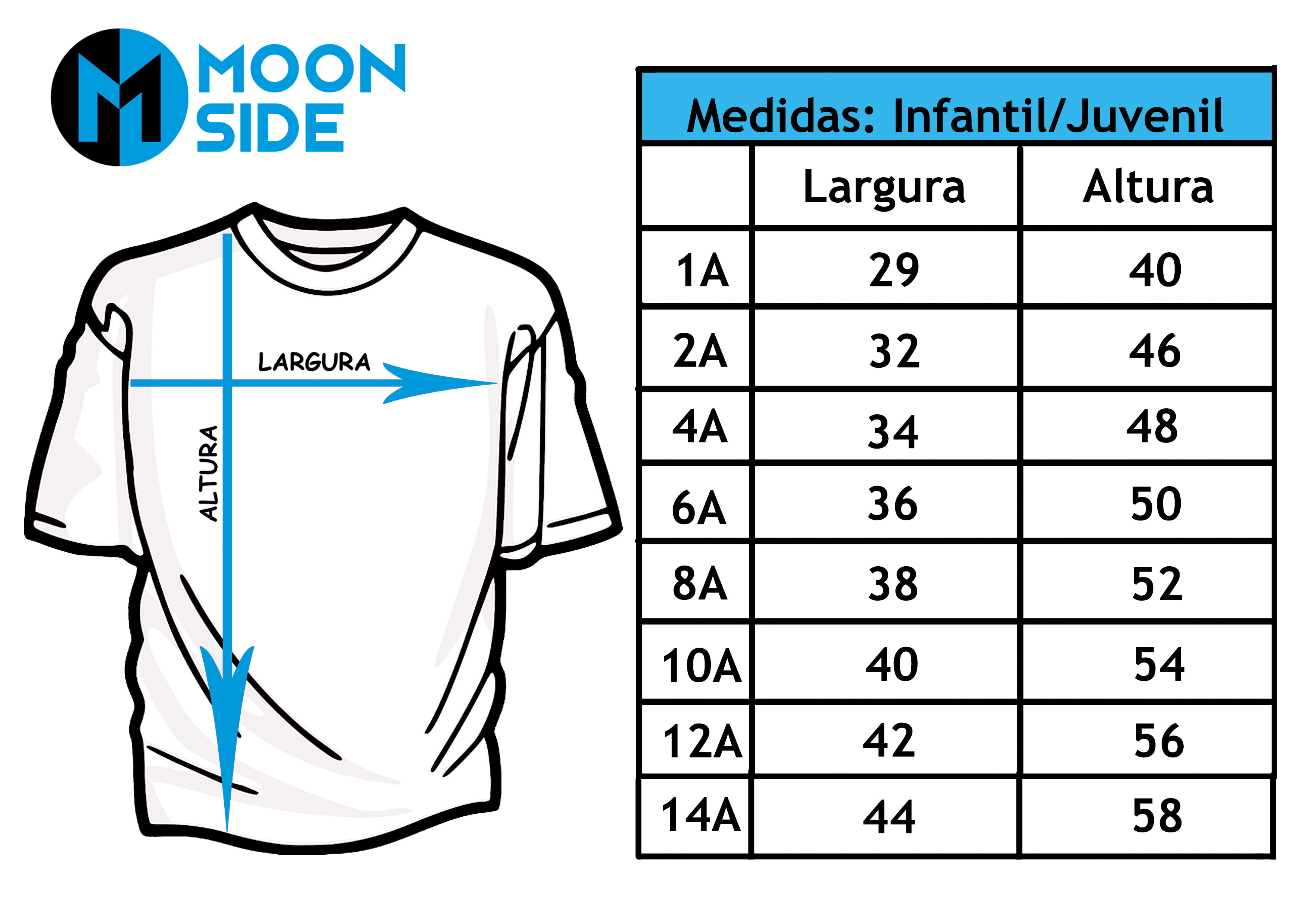 Tabela de Tamanhos Infantil e Juvenil Moon Side Store.