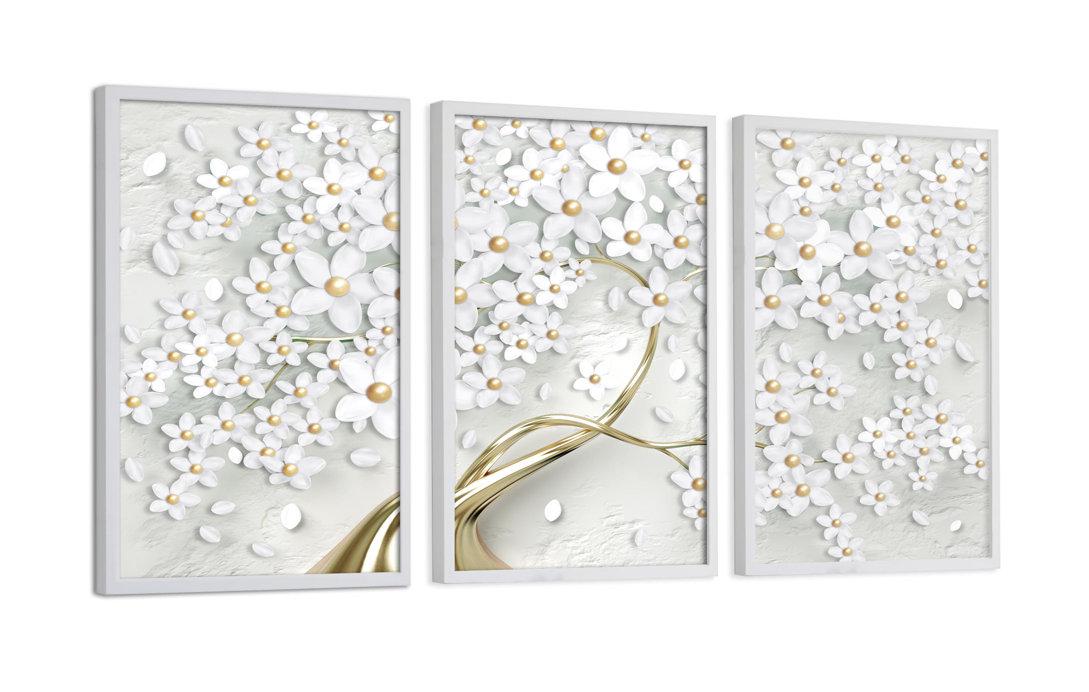 Kit de Quadros Decorativos Flores Pétalas Brancas Luxo Galhos Dourados Sala Quarto