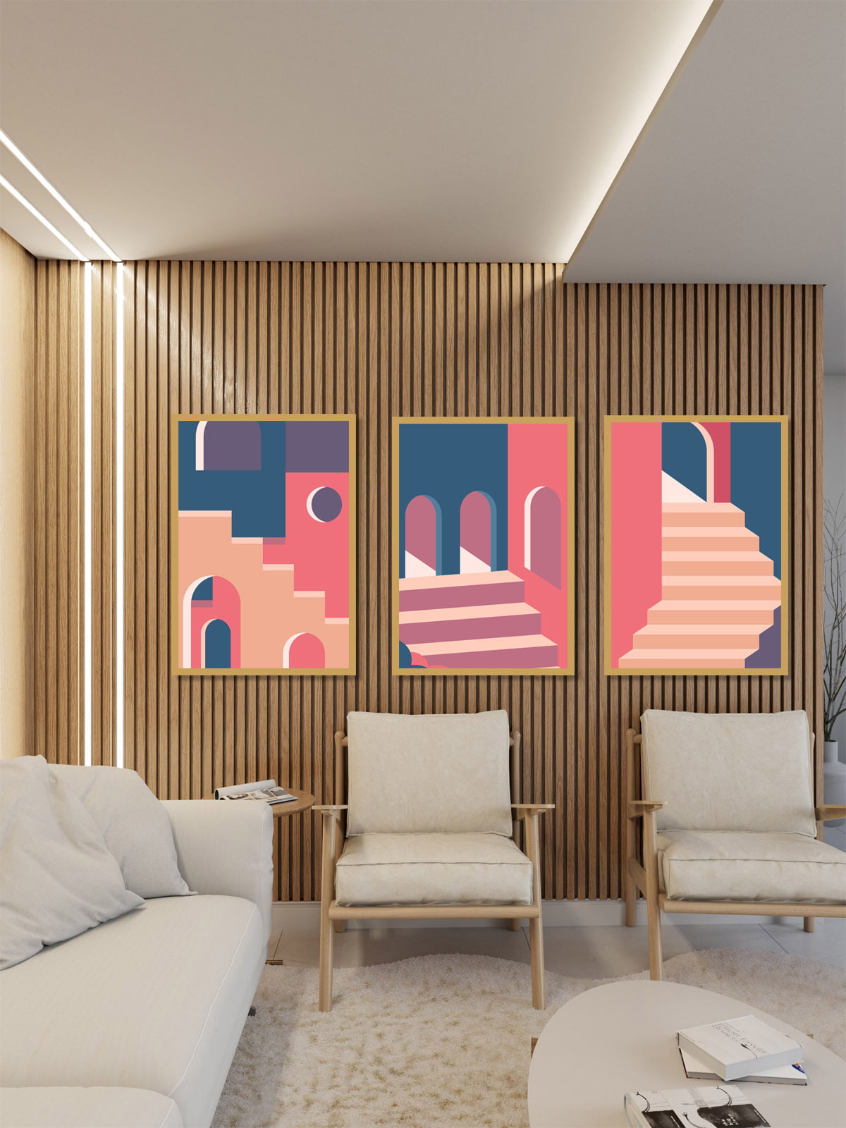 Conjunto 3 Quadros Decorativos Abstrato Escadaria Porta Azul  Rosa