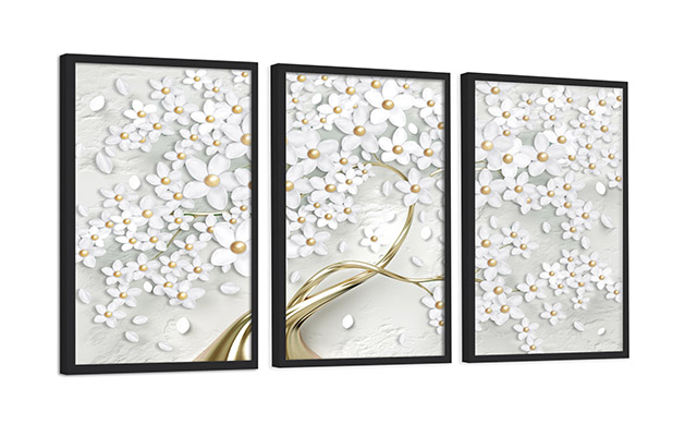 Kit de Quadros Decorativos Flores Pétalas Brancas Luxo Galhos Dourados Sala Quarto