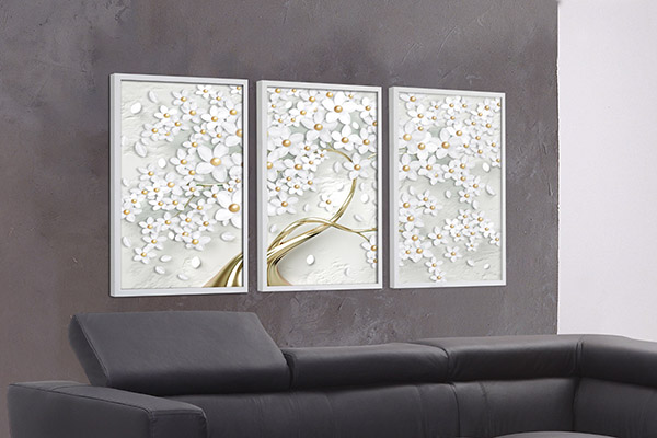 Kit de Quadros Decorativos Flores Pétalas Brancas Luxo Galhos Dourados Sala Quarto