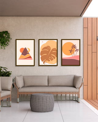 Conjunto 3 Quadros Decorativos Abstrato Folhagem Coqueiro