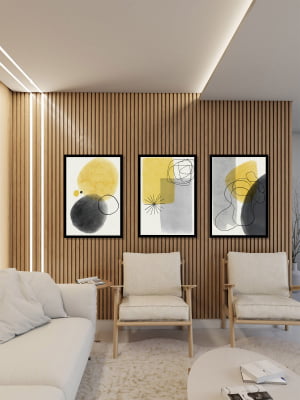 Conjunto 3 Quadros Decorativos Abstratos Amarelo e Preto 