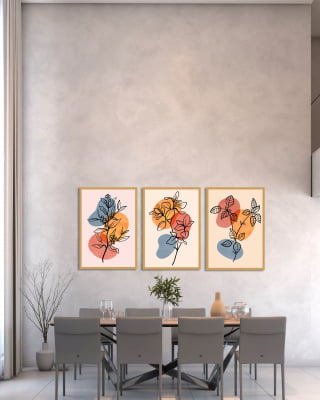 Conjunto 3 Quadros Decorativos Floral Abstrato Ramos Fundo Colorido