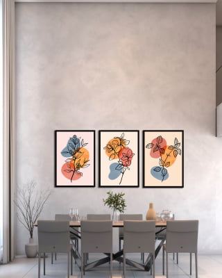 Conjunto 3 Quadros Decorativos Floral Abstrato Ramos Fundo Colorido