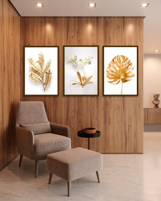 Conjunto 3 Quadros Decorativos Floral  Flores Douradas Costela de Adão 