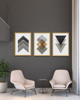 Conjunto 3 Quadros Decorativos Formas Geométricas Cinza e Dourado