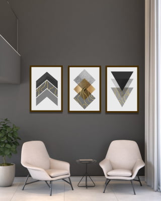 Conjunto 3 Quadros Decorativos Formas Geométricas Cinza e Dourado