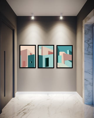Conjunto 3 Quadros Decorativos Prédios Abstratos Azul Rosa 