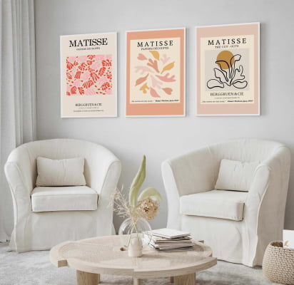 TRIO QUADROS DECORATIVOS ABSTRATO MINIMALISTA MATISSE