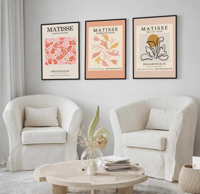 TRIO QUADROS DECORATIVOS ABSTRATO MINIMALISTA MATISSE
