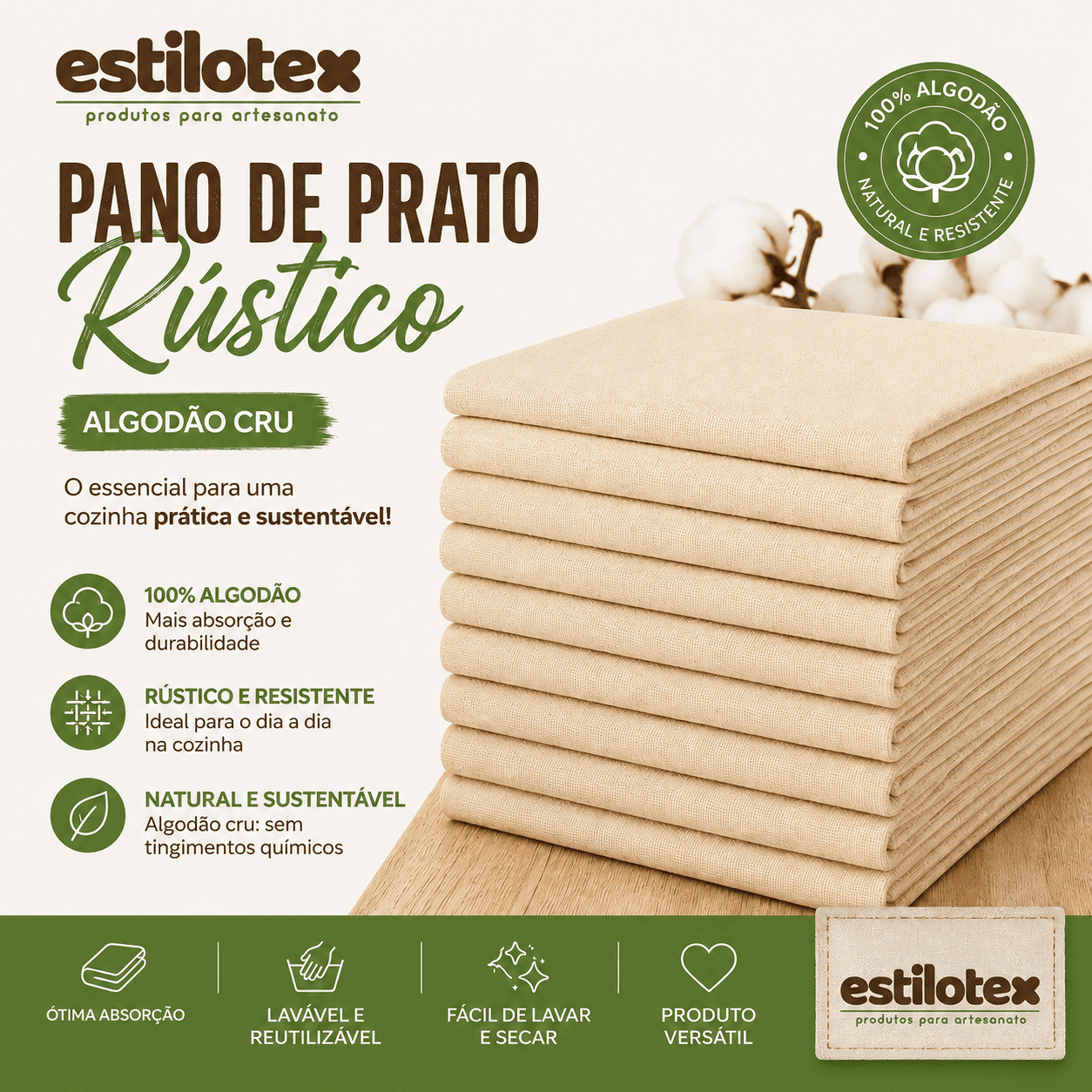Pano de Copa Estilotex Rústico Extra Algodão Cru Liso 70x45cm