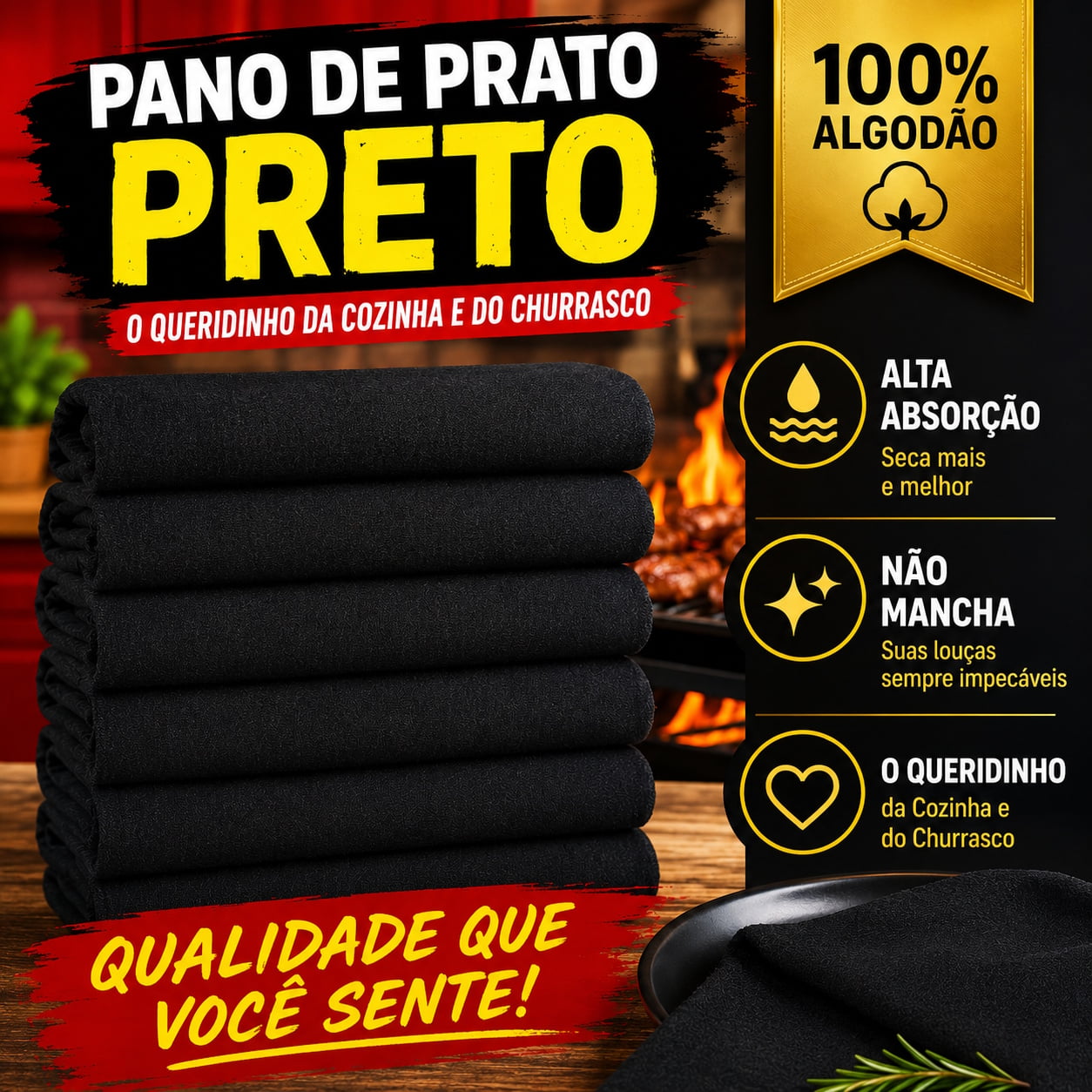 Pano de Prato Pé de Galinha Preto 40x68cm Alta Absorção