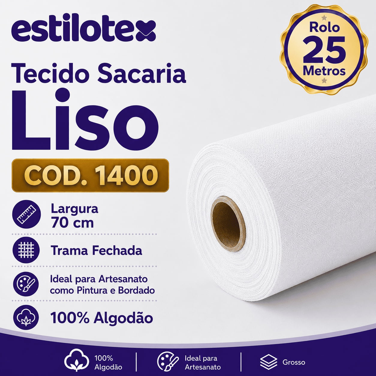 Rolo 25M X 70CM Tecido Sacaria Estilotex Pano Extra Liso 1400 Branco Pintura e Bordado