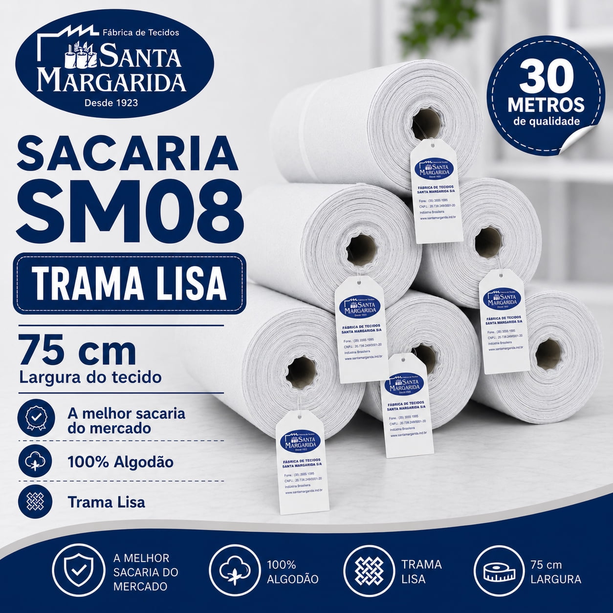 Rolo 30M X 75CM Tecido Sacaria Pano de Prato Liso SM08 Santa Margarida Branco