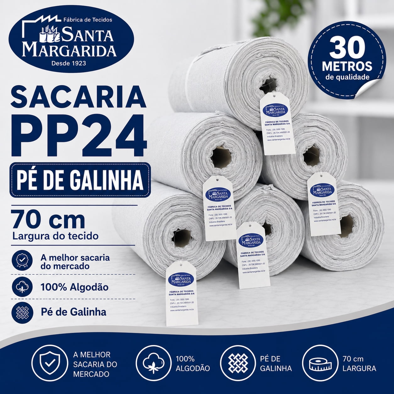 Rolo 30M X 70CM Tecido PP24 TRCF Sacaria Pano de Prato Pé de Galinha Branco Alvejado Santa Margarida Com Bainha