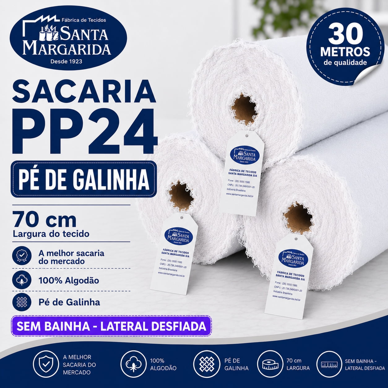 Rolo 30M X 70CM Tecido Sacaria Pano de Prato Pé de Galinha Alvejado PP24 Sem Bainha