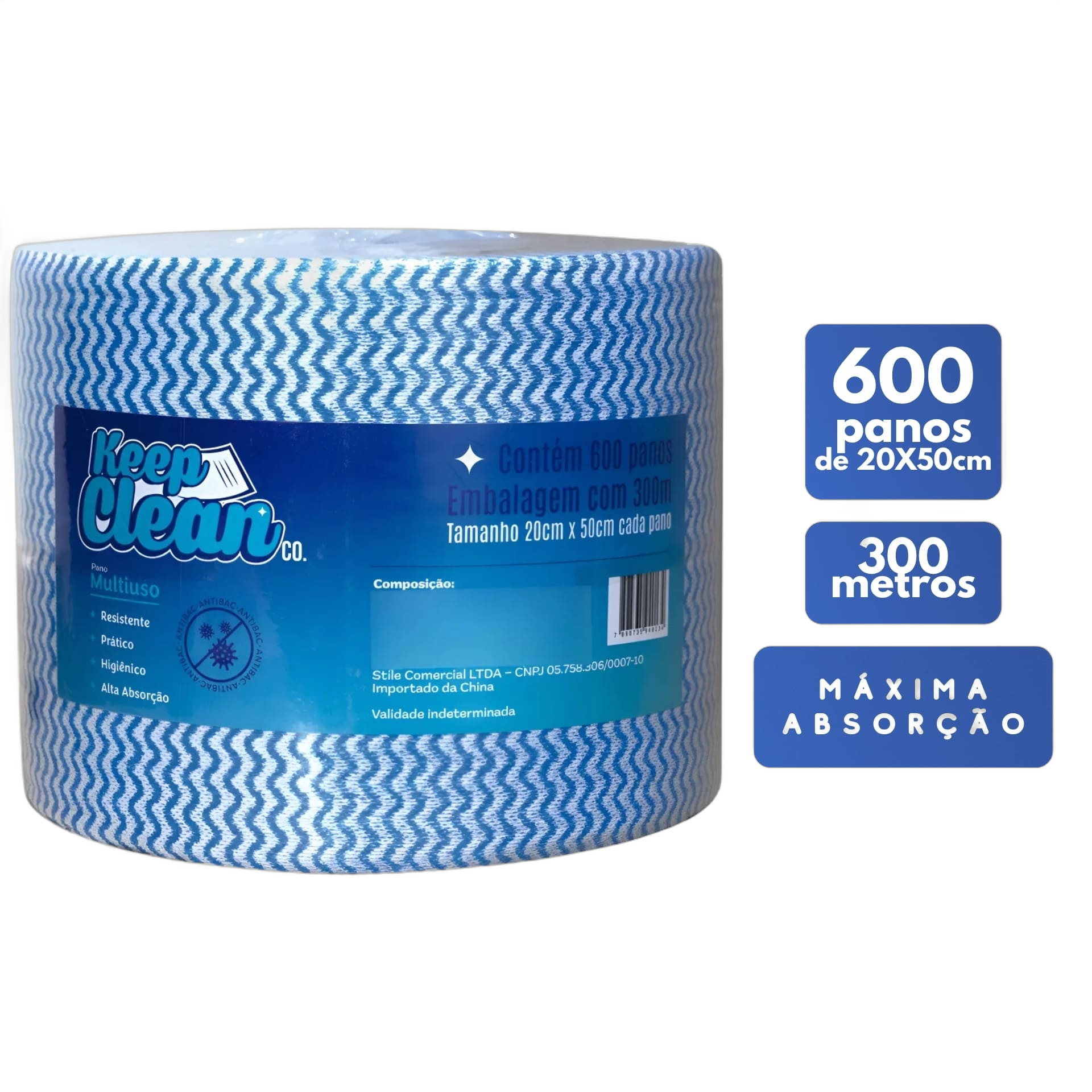 600 Panos Multiuso Perfex 20x50cm Rolo 300m Limpeza Azul