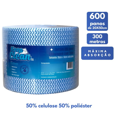 600 Panos Multiuso Perfex 20x50cm Rolo 300m Limpeza Azul