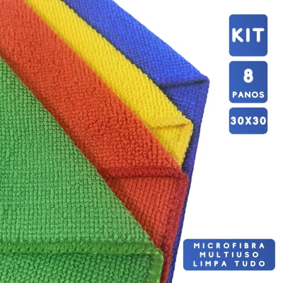 Kit 8 Panos Microfibra para Limpeza Flanela Multiuso 30x30