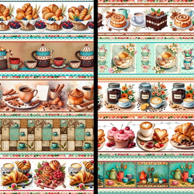 Tricoline Digital Barrado Café Doces Pães P9012-12 | 10 Faixas