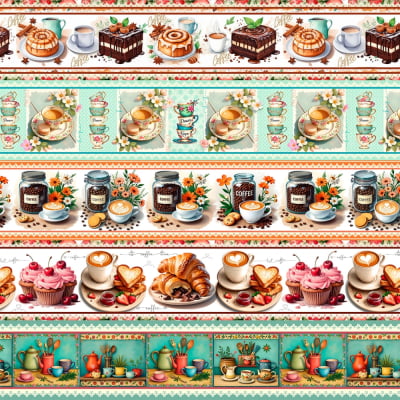 Tricoline Digital Barrado Café Doces Pães P9012-12 | 10 Faixas