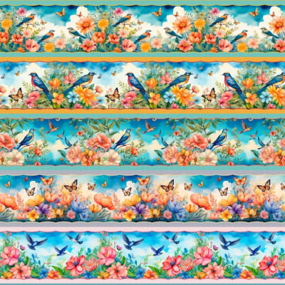 Tricoline Digital Barrado Pássaros Borboletas P9012-41 | 10 Faixas