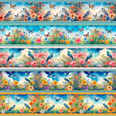 Tricoline Digital Barrado Pássaros Borboletas P9012-41 | 10 Faixas